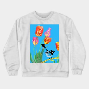 Abstract Blue Wren and Tulips Painting - on Blue Crewneck Sweatshirt